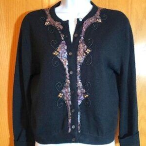 Vintage 1940s 1950s Ste. Laurent Sequins Beads Orlon Black Cardigan Sweater Med